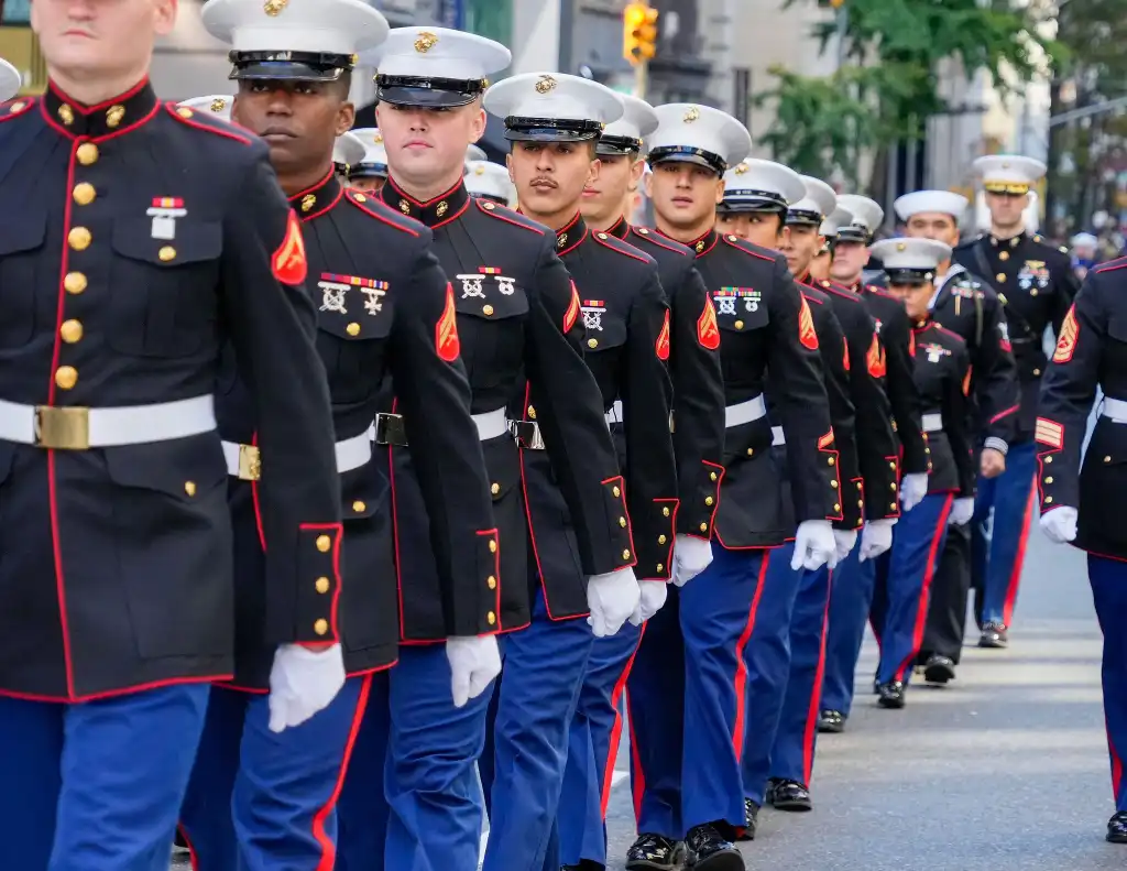 Members of the US Marines march on Fifth Avenue during the 104th annual Veterans Day Parade in New York, New York, USA, 11 November 2023. The parade is the largest one honoring veterans in the US and is held each 11 November to mark the anniversary of the end of World War I.