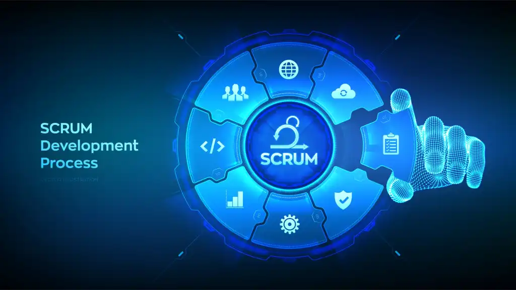 Scrum Agile development methodology process. Iterative sprint methodology. Programming and application design concept. Wireframe hand places an element into a composition visualizing Scrum practicea