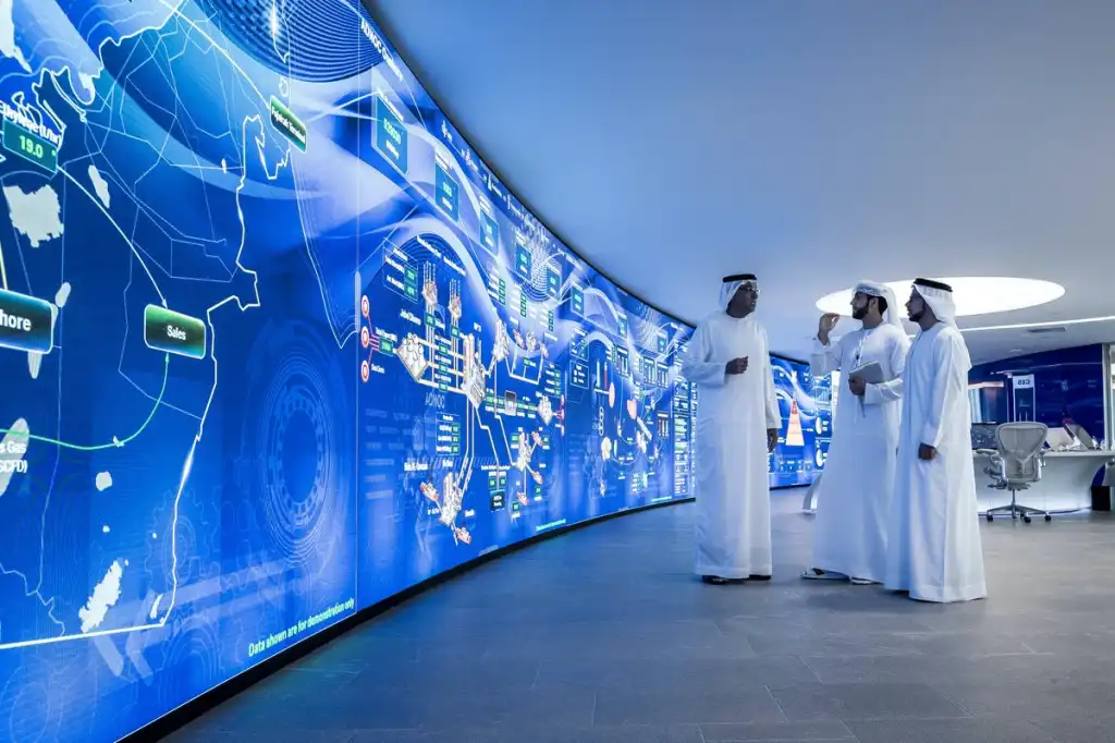 adnocs panorama digital command center is built around a 50m video wall that visualises data from a