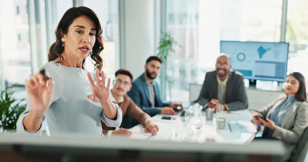 Manager, businesswoman and whiteboard for presentation, training and coaching for investment in company. Team, leader and workshop meeting for learning, proposal and brainstorming ideas for finance