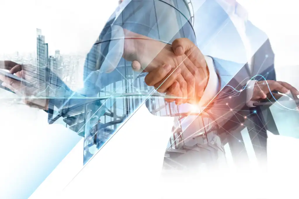 Digital technology, Business network connection, Teamwork, Deal, Partnership and data exchange, Investment analysis, planning and strategy. Businessman working with digital device on smart city.