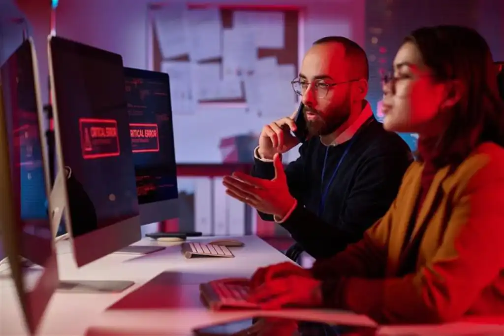 Portrait of agitated cybersecurity team working in emergency mode with critical error message on computer screen