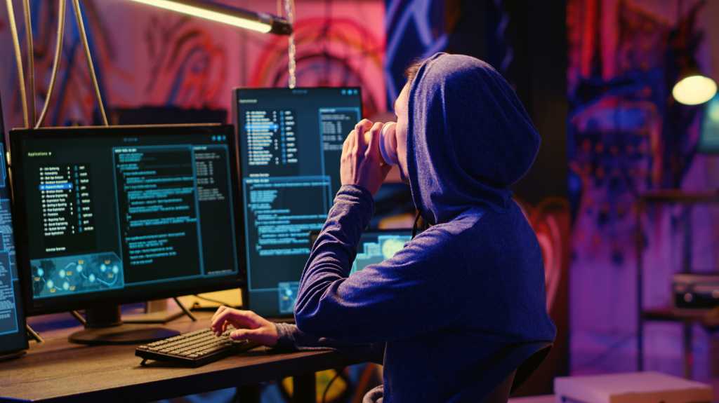 Hacker drinking coffee at underground bunker desk